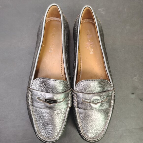 Coach Penny Loafers Womens Size 7.5 Pewter Metallic Pebbled Leather Moc - Picture 9 of 16